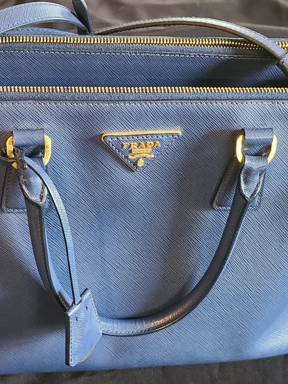 Prada Navy Saffiano Leather Satchel with Gold Hardware